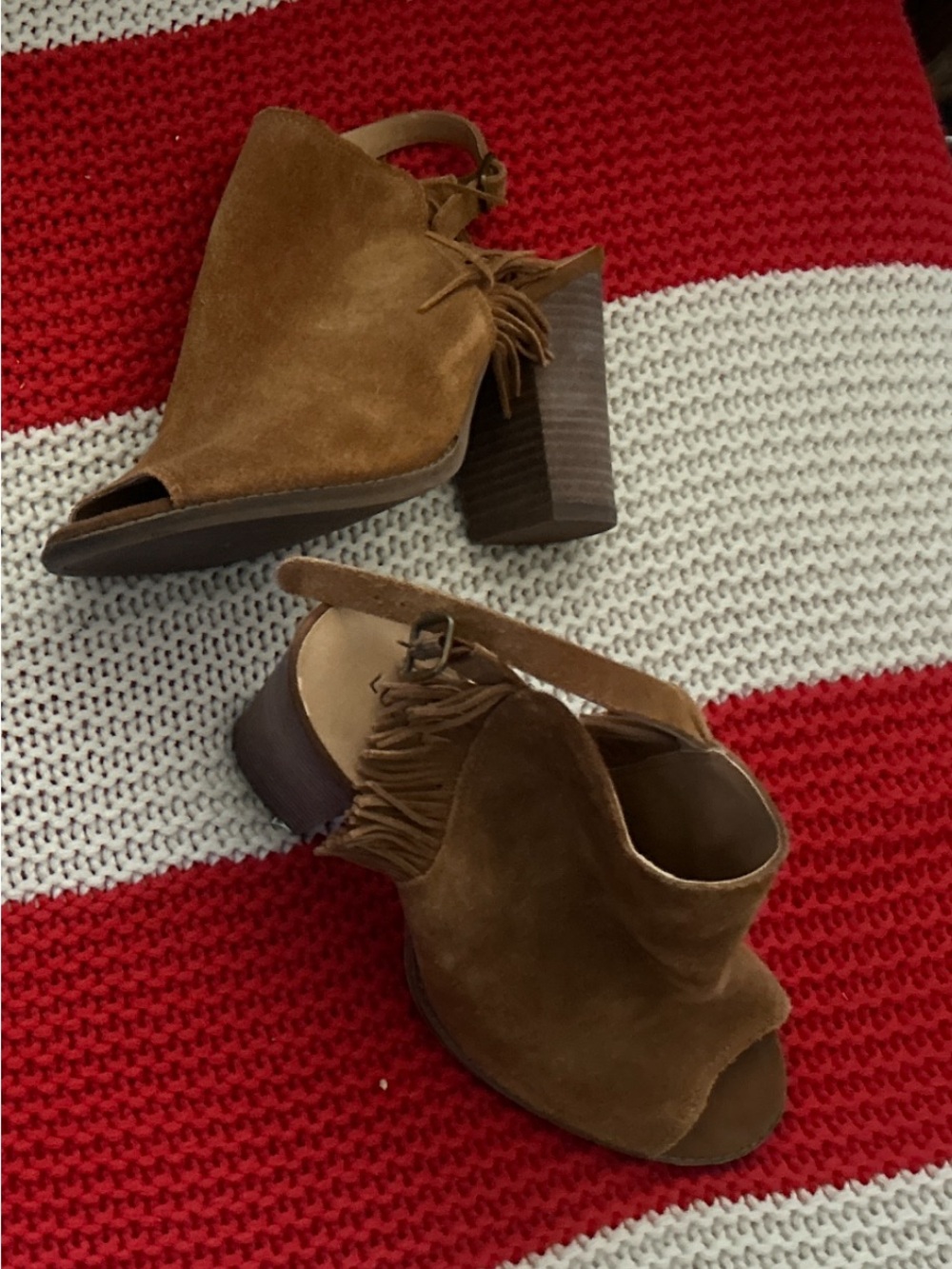 Lucky Brand Brown Suede Peep-Toe Fringe Block Heel Sandals